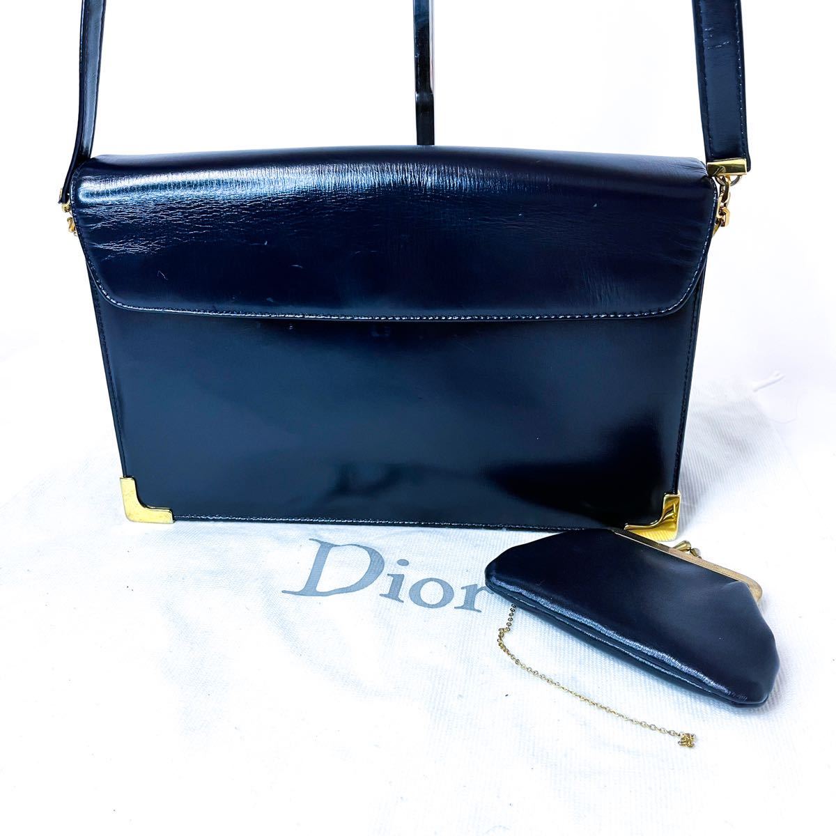 【新品同様】■ 1円 ■ 希少 美品 Christian Dior クリスチャン ディオールCDロゴ レザー ショルダーバッグ ネイビーブラック 財布付き_画像4