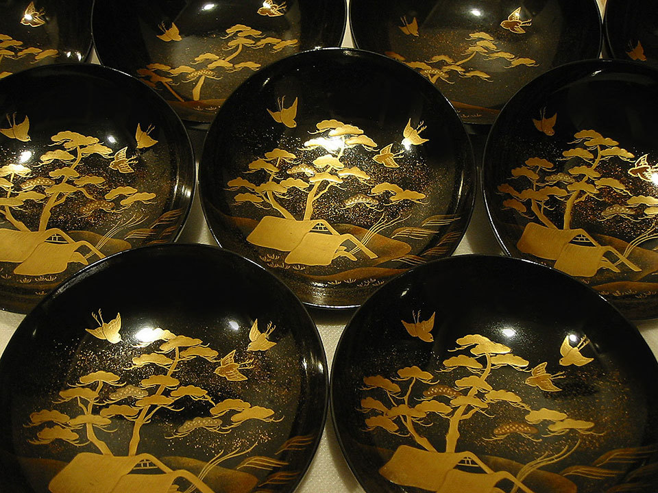 ◇紫野◇ 本格輪島塗 波千鳥 切金 梨子地 高蒔絵 5客組 美品 江戸時代