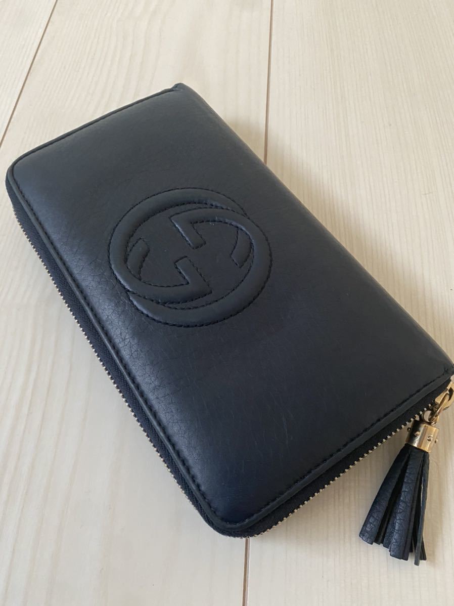 美品!GUCCI SOHO ラウンドファスナー 長財布 グッチ ソーホー ネイビー 本革 レザー ロングウォレット 小銭入れ 男女兼用