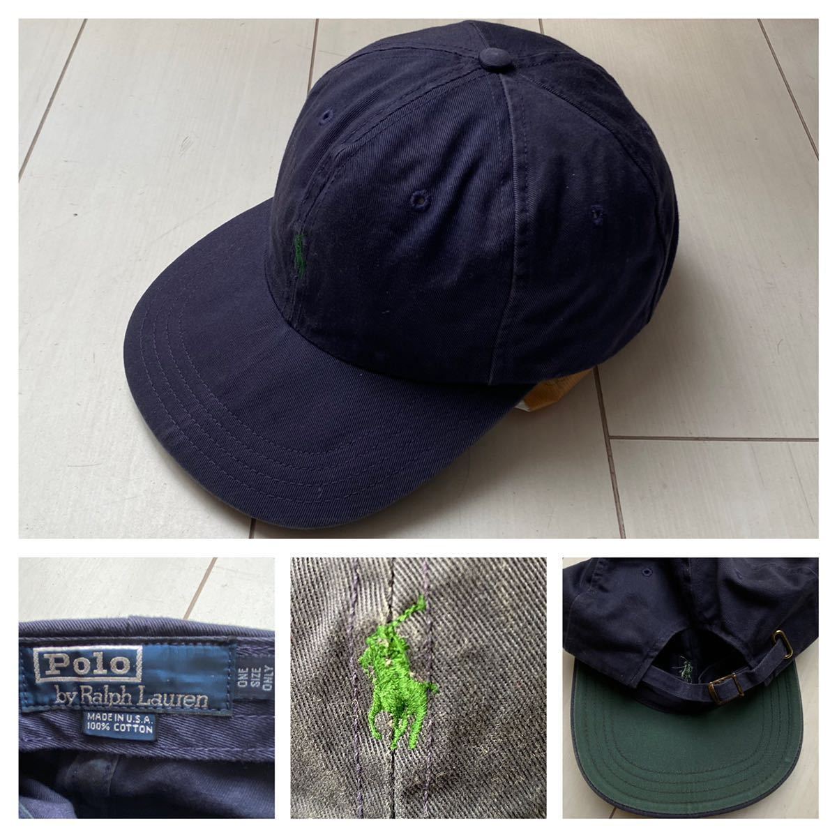 送料無料 90s USA製 polo ラルフローレン ワンポイント logo ロゴ 刺繍 CAP キャップ 帽子 navy ネイビー 紺  vintage RRL SPORT country 92