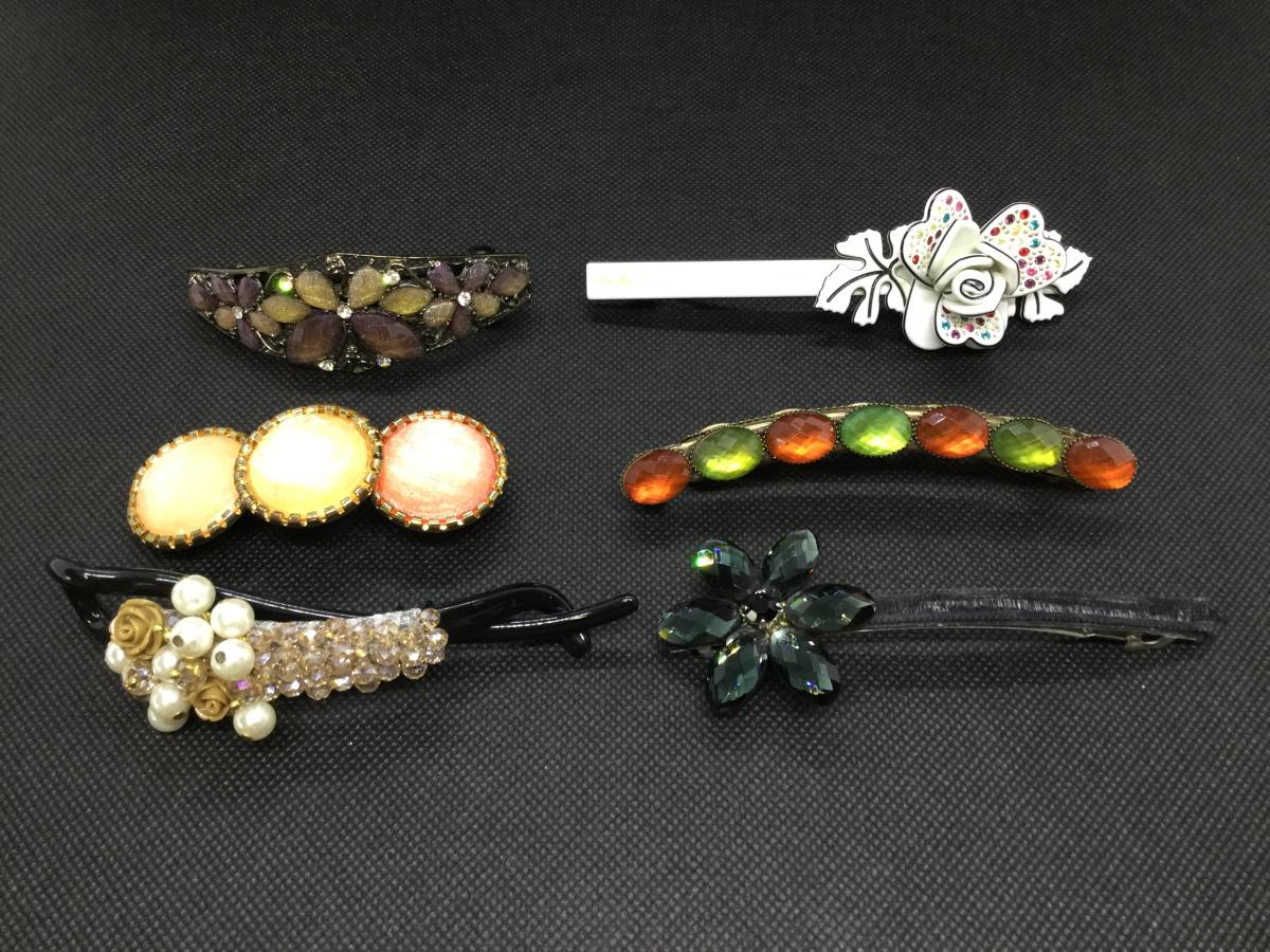 T4843☆バレッタ フランス製 6個まとめ/ヘアアクセサリー/髪飾り/花模様/ストーン/ビジュー/中古_画像1