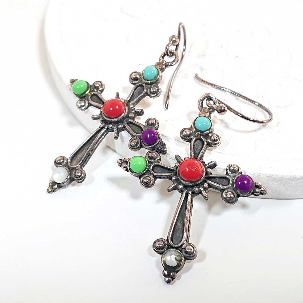 5450 SILVER925 5jem Stone Cross earrings silver 925 10 character . natural stone turquoise coral .. moonstone gothic stylish 