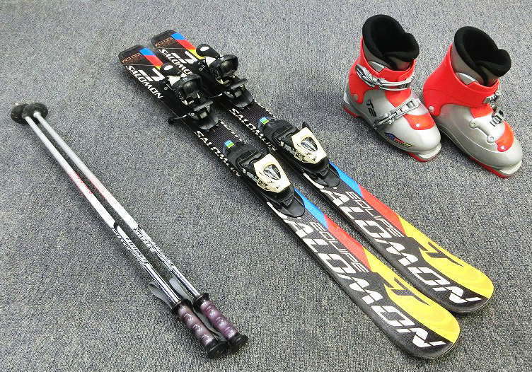 1238Y☆SALOMON EQUIPE 100cmセット☆/サロモン/こども用/選べるフロントバックル18~21cm/ストック 80cm/メンテ済/適応身長110~115cm