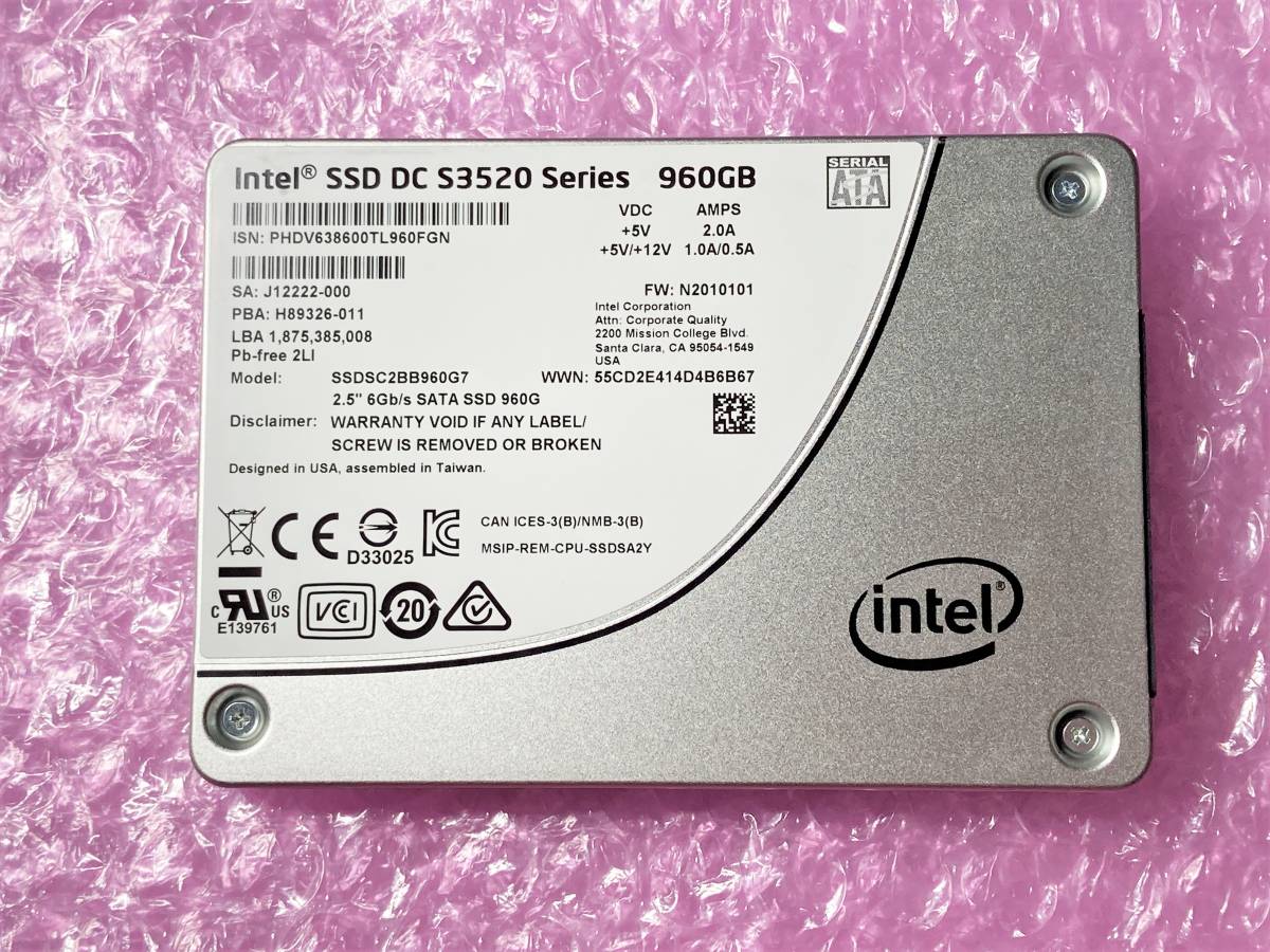 中古 Intel SSD DC S3520 960GB 3D MLCチップ SSD SATA 2.5inch サーバー　データセンター 停電時保護コンデンサ搭載