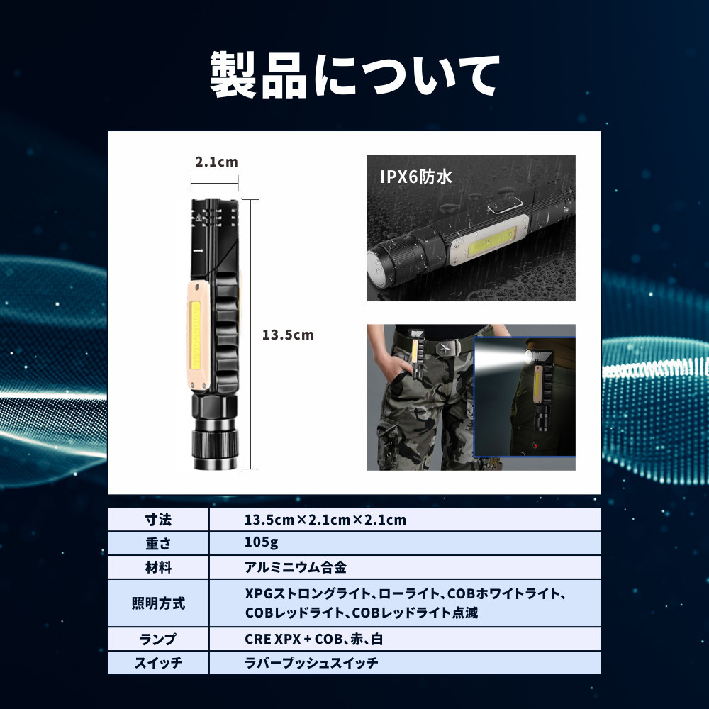 LED懐中電灯 USB充電式 高輝度 ヘッド兼用 作業灯 防水 小型 軽量 黒