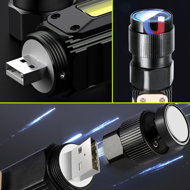 LED懐中電灯 USB充電式 高輝度 ヘッド兼用 作業灯 防水 小型 軽量 黒 防災用品
