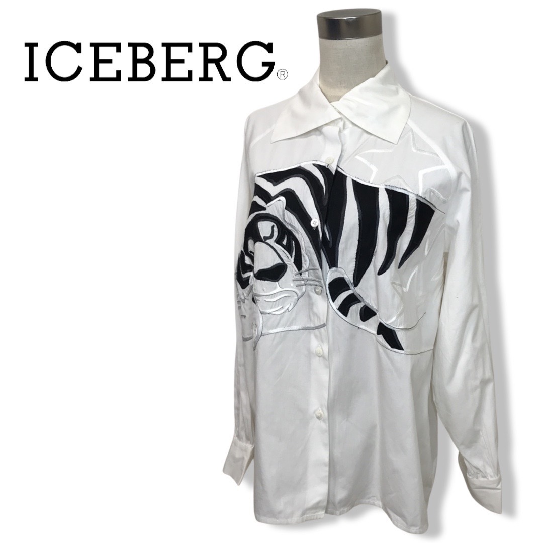 イタリア製 1991年 90s★ICEBERG アイスバーグ★レディース タイガー 刺繍 シャツ ワイシャツ 白 ホワイト size 42 管:C:01