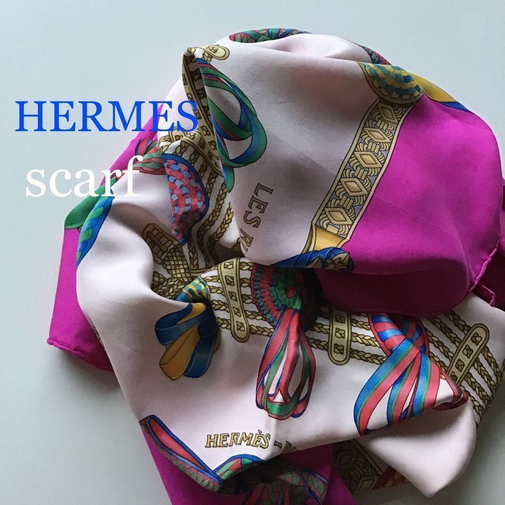HERMES エルメス シルクスカーフ フランス カレ 90 シルク100% 希少ピンク 美品 