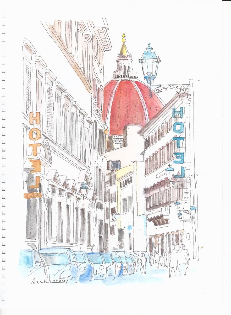 世界遺産の街並み・イタリア・フィレンツエのどうも　2　F4画用紙・水彩画・原画_画像1