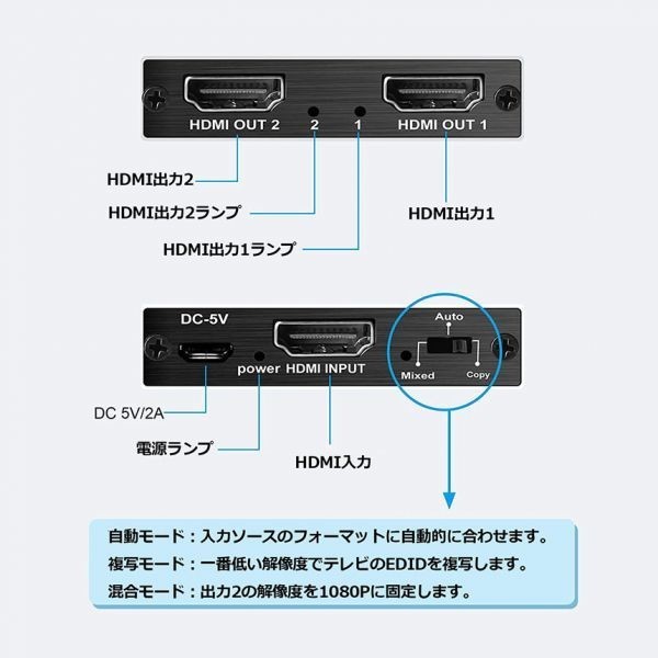 即納 HDMI 分配器 スプリッター 4K@60Hz 1入力2出力 2画面 同時出力 アルミニウム 同じ画像の複製/ミラー、Xbox、PS5、Roku 対応 1x2 HDMI2_画像6