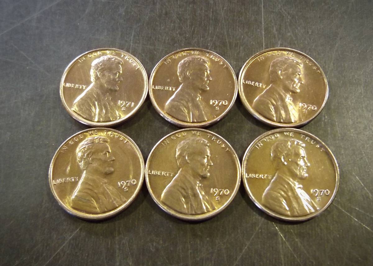1セントコイン 1970～1979年の6枚セット S刻印 送料無料　（13039）リンカーン USA お金 貨幣 硬貨 ペニー アメリカ　　_画像1