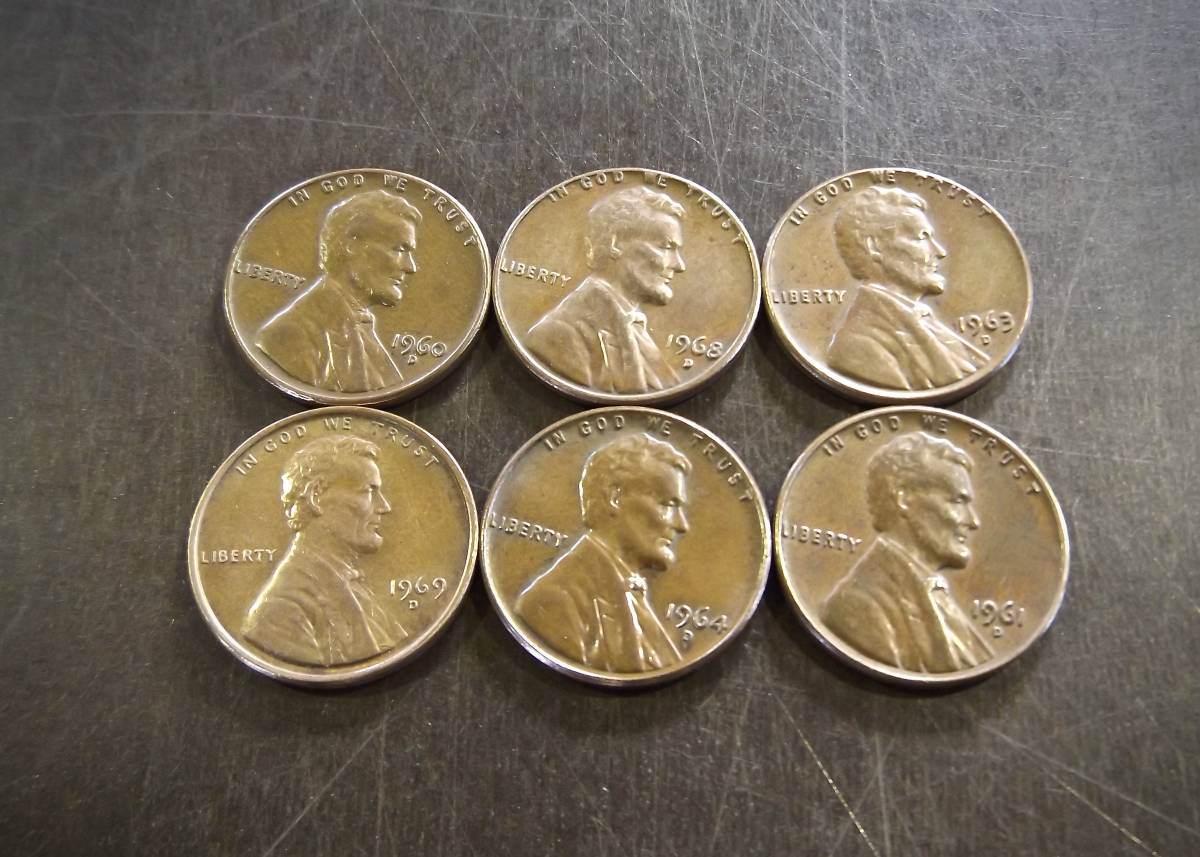 1セントコイン 1960～1969年の6枚セット D刻印 送料無料 （13092）リンカーン USA お金 貨幣 硬貨 ペニー アメリカ  の画像1