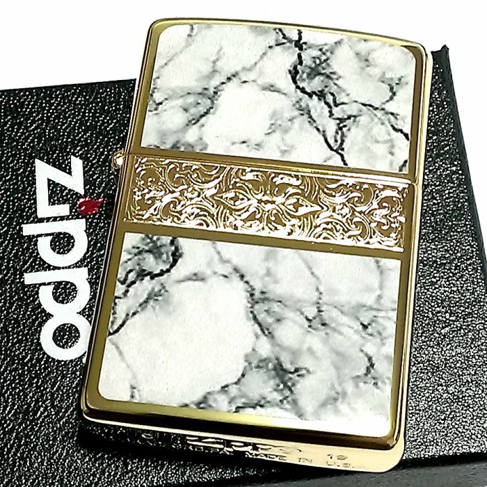 ZIPPO ライター アラベスク＆大理石 ジッポ Arabesque Marble 両面加工 彫刻 ゴールド ホワイト 金タンク かっこいい メンズ プレゼント_画像2