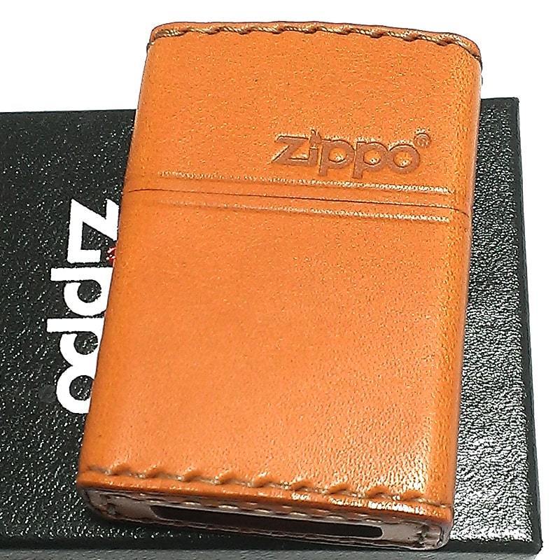 ZIPPO 革巻き ジッポ ライター おしゃれ ライトブラウン ロゴデザイン