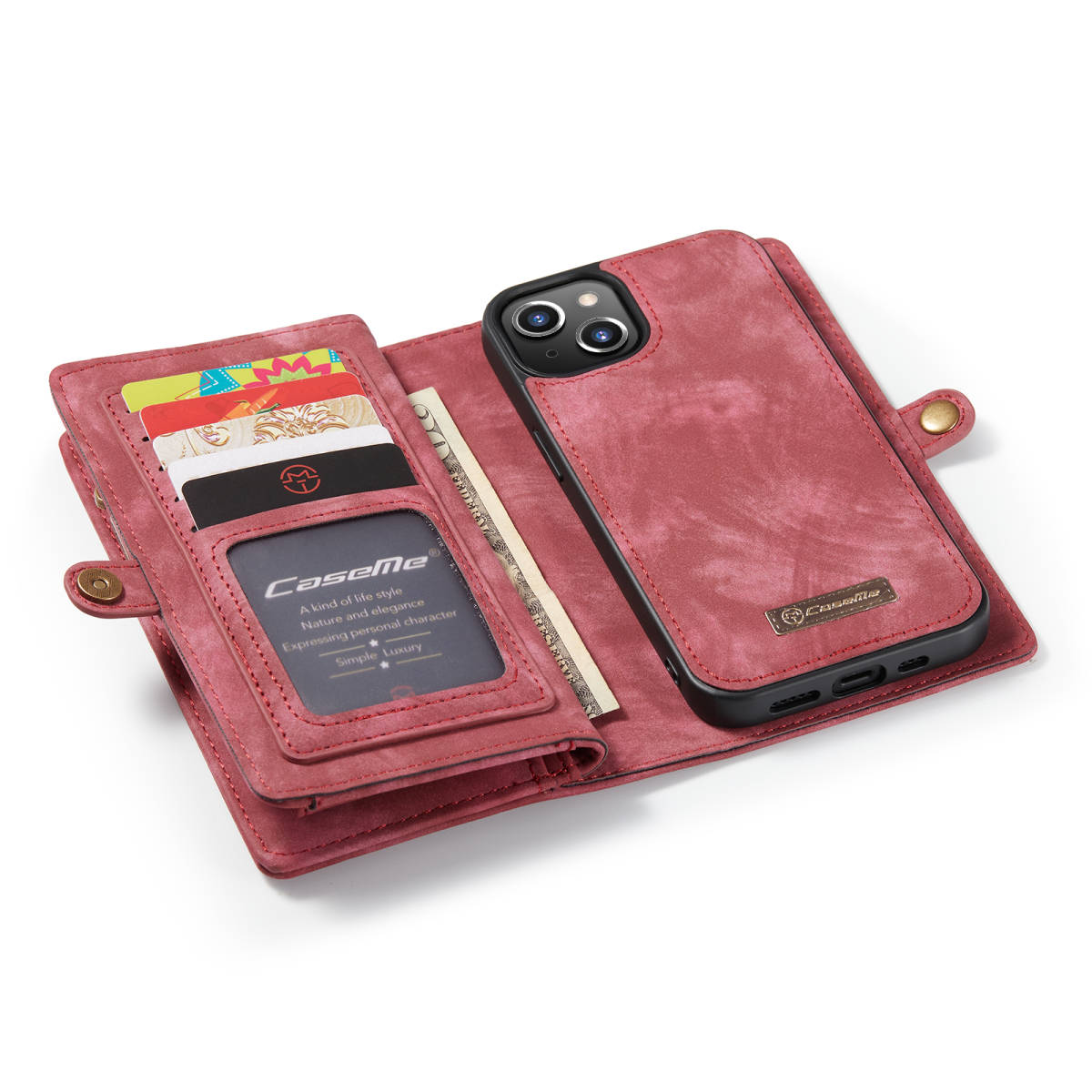 iPhone 13 mini レザーケース iPhone13 mini ケース アイフォン13 ミニ カバー 手帳型 カード収納 ファスナー付き 財布型 レッド_画像4