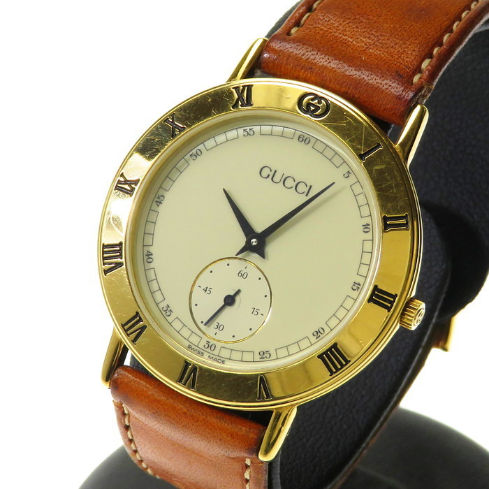 GUCCI/グッチ 3000.2.M 腕時計 GP/レザー クオーツ クリーム系文字盤
