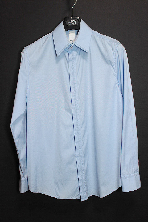 GIANNI VERSACE COUTURE ジャンニヴェルサーチ クチュール グリークキー刺繍 長袖 ドゥエボットーニ ワイシャツ size 46 メンズ ブルー