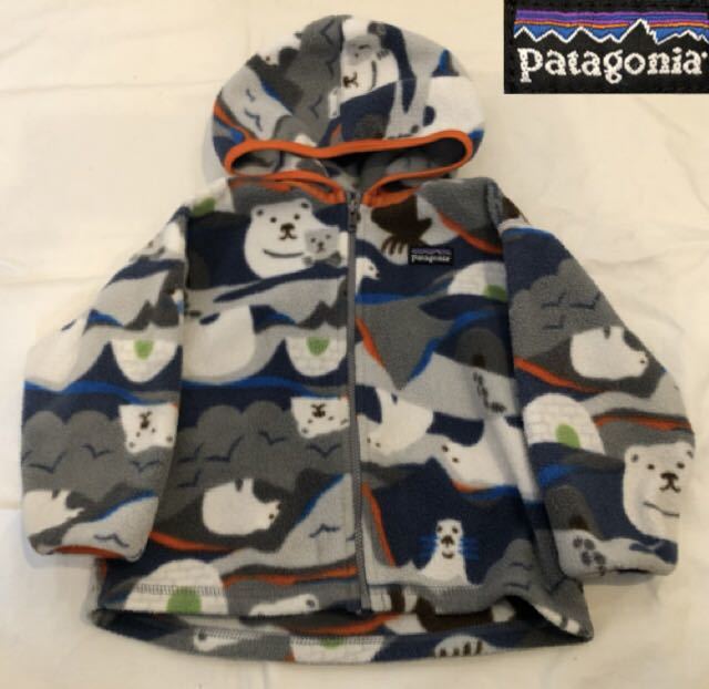 patagonia パタゴニア 白熊柄フード付フルジップフリースジャケット2T☆KID'S BABY アウトドアウエア アザラシ 北極柄 ビンテージ復刻