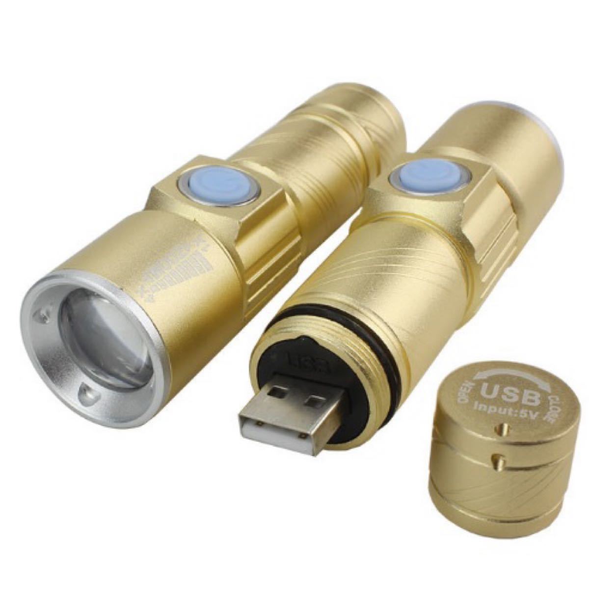 懐中電灯 led 強力 軍用USB充電式 防水 携帯 防災 スキー ゴールド