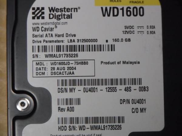 ■Western Digital WD1600JD SATA150/7200rpm/8M/160G HDD/黒/DELL (IH498S)_画像3