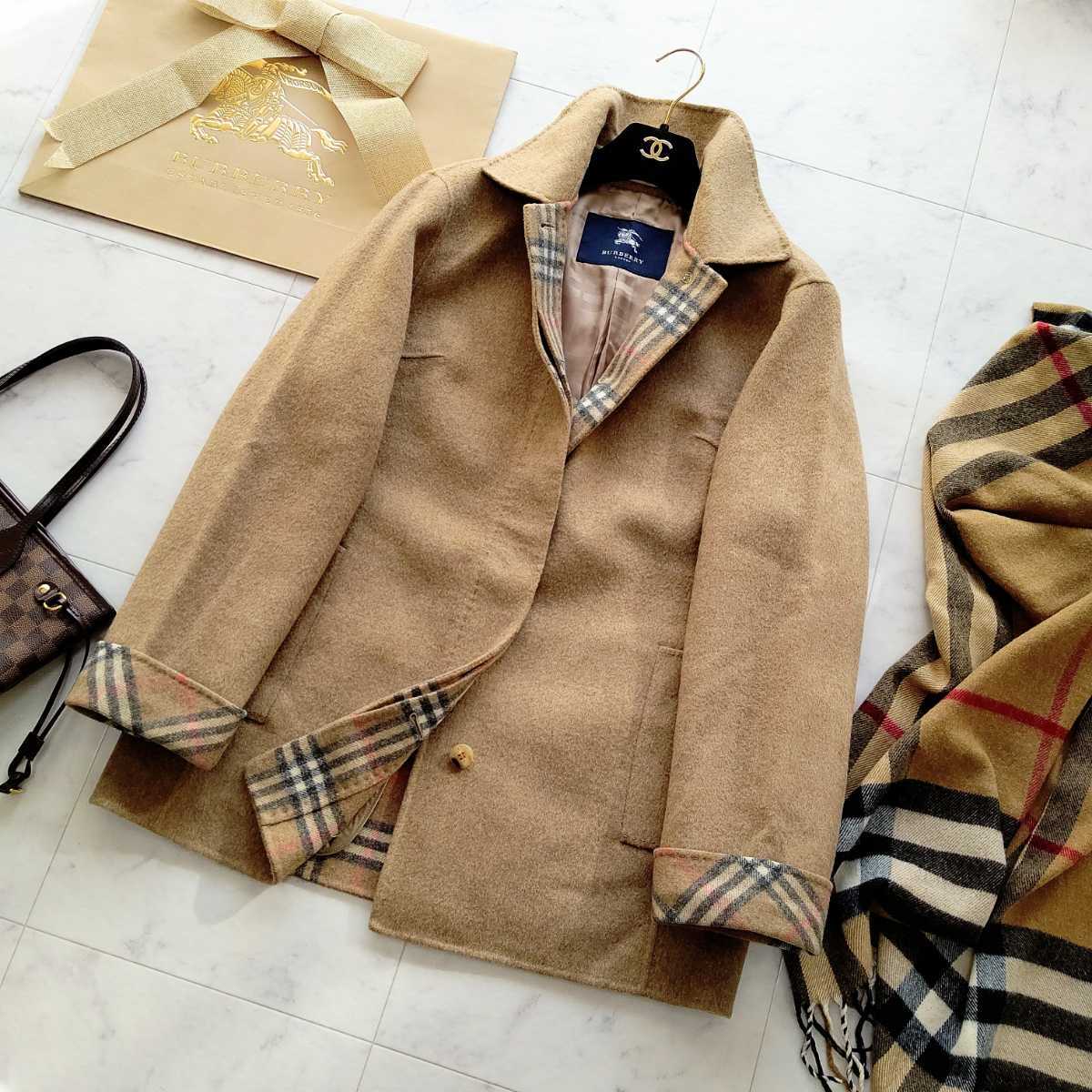 大きいサイズ ★超美品 BURBERRY バーバリーロンドン ウールコート ハーフコート ノバチェック カシミヤ混 羊毛 ダブルフェイス 11号 LL/XL_画像6