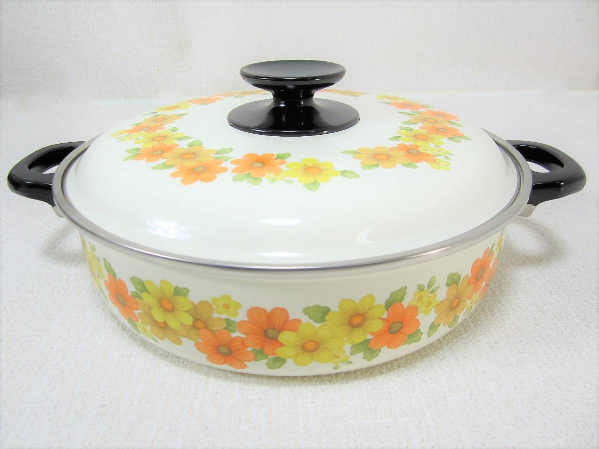 【レトロ・未使用】Noritake ノリタケ ホーロー鍋 両手鍋 きくぞの 26cm 花柄 (4273)_画像2