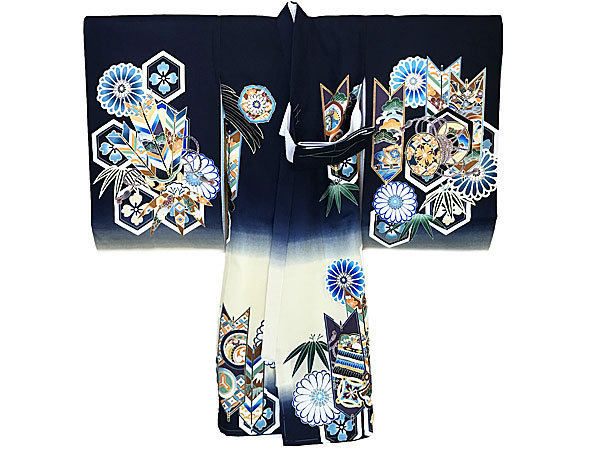 o. три . надеты темно-синий цвет ястреб шлем смычок кимоно сделано в Японии . праздничная одежда производство надеты младенец 100 день ясная погода надеты японский костюм один ... три . кимоно высококлассный натуральный шелк мужчина праздник . три .0018