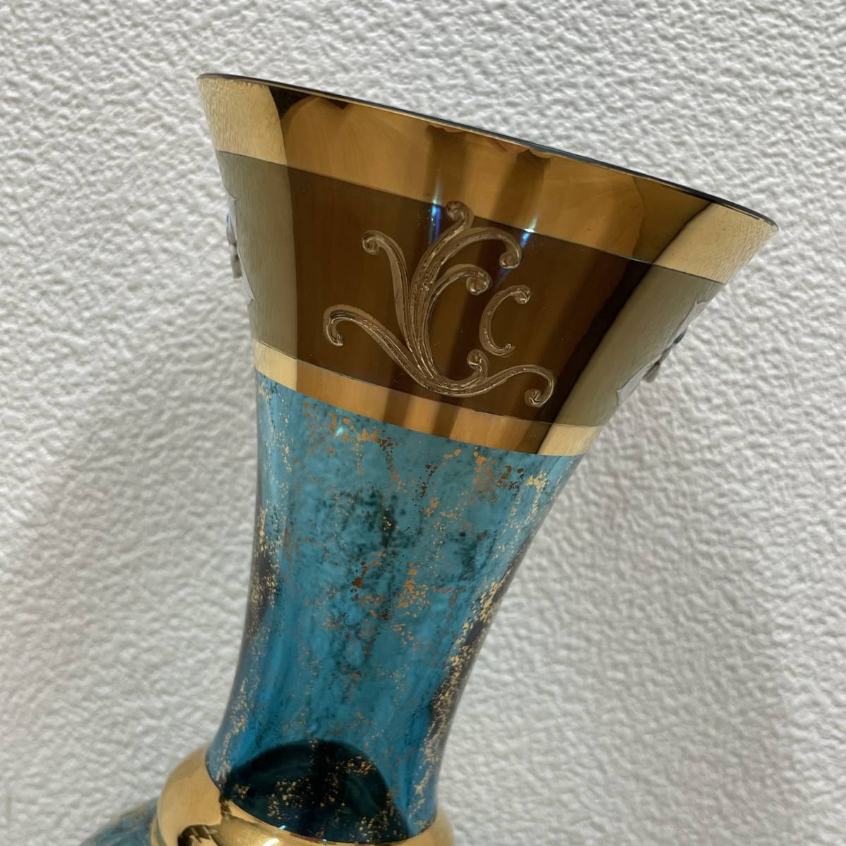[BOHEMIA/bohe mia ] ваза цветок основа цветок голубой × Gold цвет высота примерно 36cm[ с ящиком ]*10321