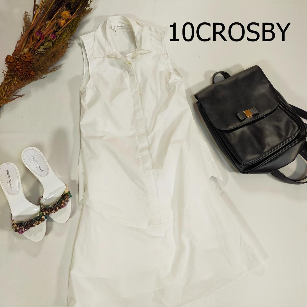 10 CROSBY DEREK LAM フリル ティアード ホワイト 10クロスビーデレクラム セットアップ風 シャツワンピ サイズ0 XS ひざ丈 3745_画像1