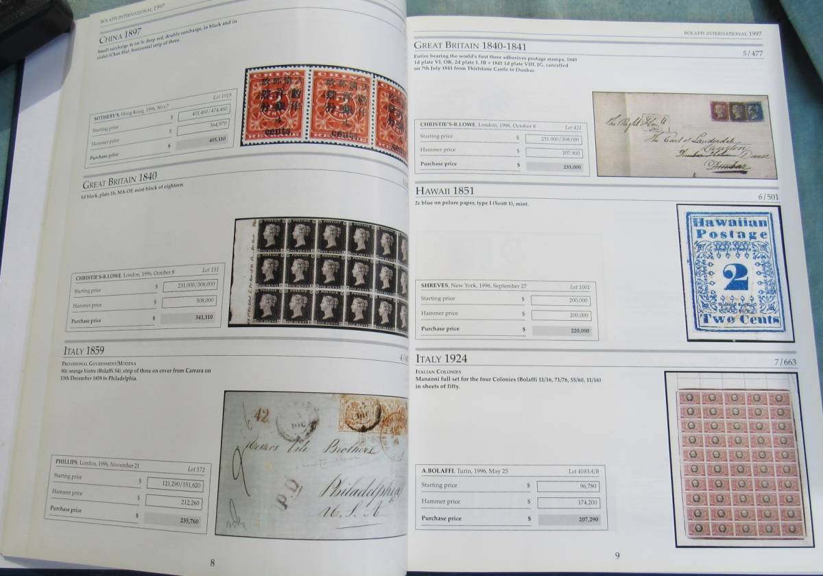 BOLAFFI1997、郵趣、郵便、イタリアで発刊、世界的珍品切手、レアカバー類のオークション落札結果統計した豪華本、ワールドワイドで記録、_画像4