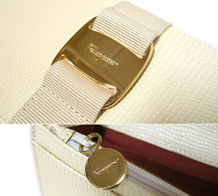 ◎極美品 Salvatore Ferragamo サルヴァトーレ フェラガモ ヴァラ 長財布 22 3059 レザー リザード型押し アイボリー×ゴールド金具 ON4556_画像6