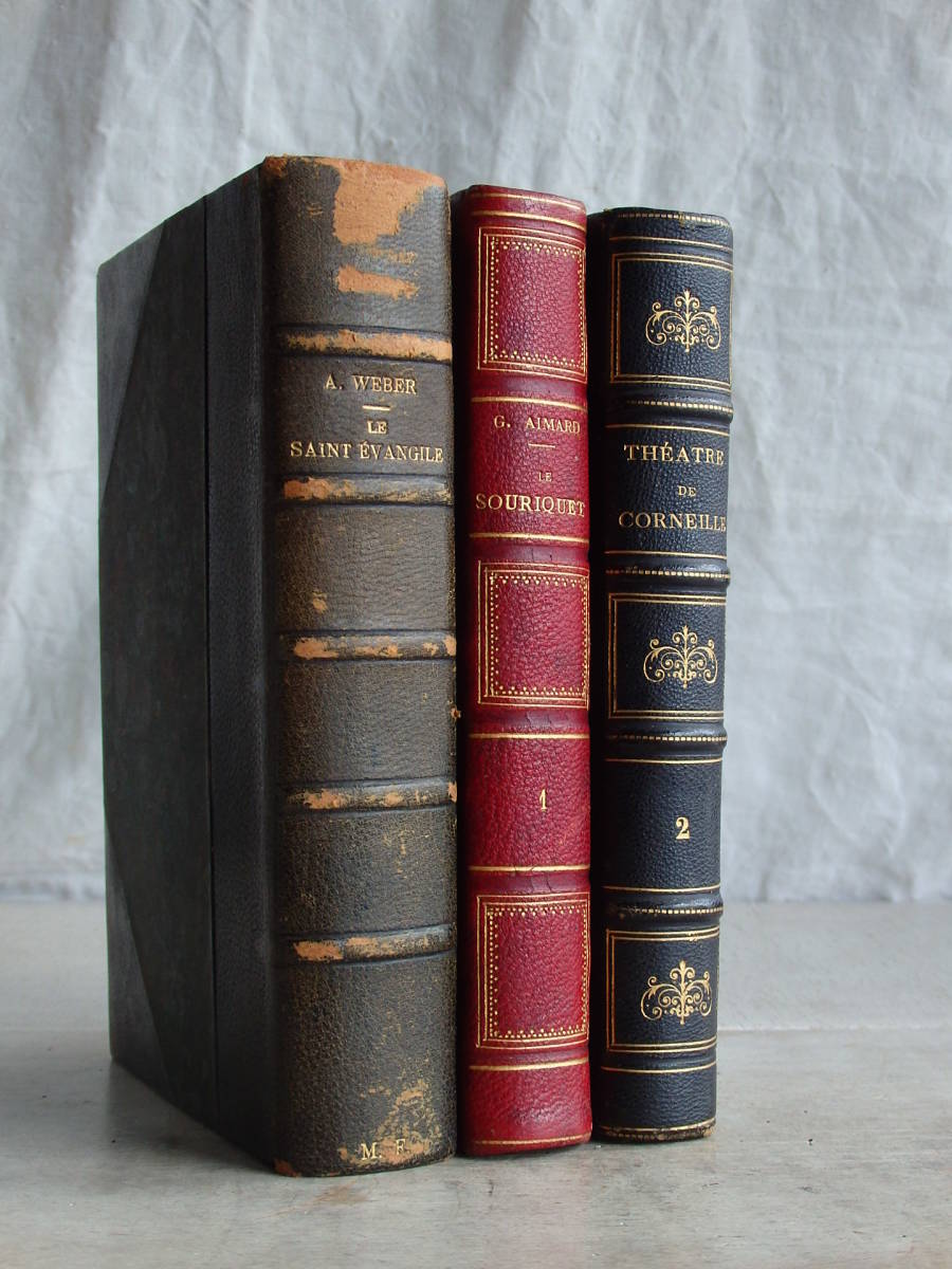 フランスアンティーク 3冊セット 洋書 古書 本 ブック オブジェ 古本 紙もの 古本 レザー 革 paris 19世紀 ゴールデン 