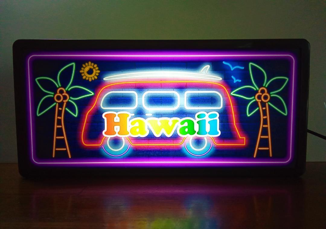 ハワイ サーフィン ワーゲンバス ヤシの木 ビーチ 虹 グラデーション アメリカン サイン 看板 置物 雑貨 HAWAII BUS LED2wayライトBOX_画像1