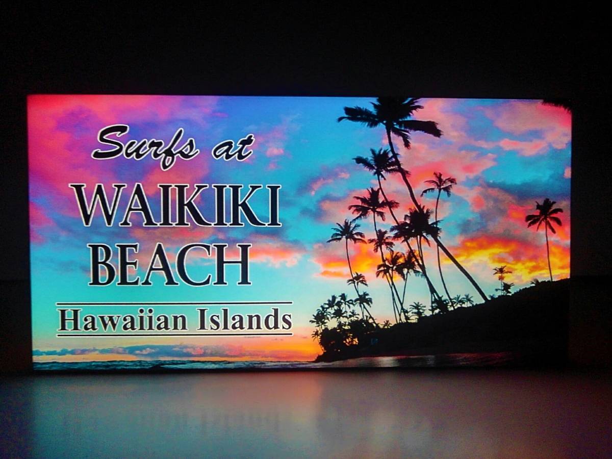 【Mサイズ】ハワイ ワイキキビーチ ヤシの木 HAWAII フォトライト 海岸 夕焼け 写真 店舗 自宅 ライト 看板 置物 雑貨 電飾看板 電光看板_画像1