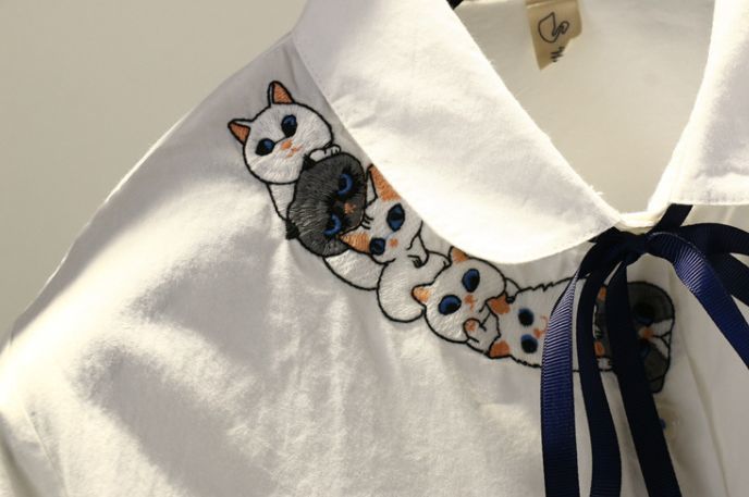 Yahoo!オークション - 猫 刺繍 コットン ブラウス 長袖 ホワイト 白 綿