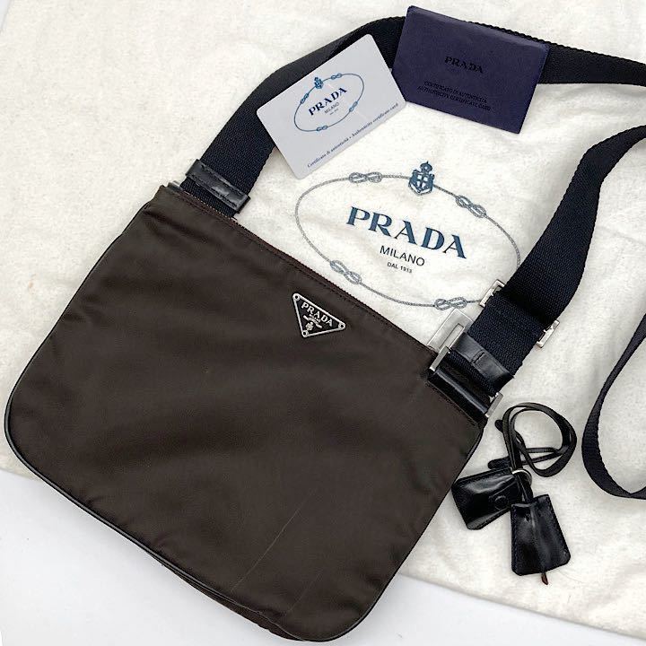 1円スタート 未使用級 PRADA プラダ ショルダーバッグ 三角プレート ブラウン 茶色 ナイロン レザー キー 鍵付き ポシェット_画像1