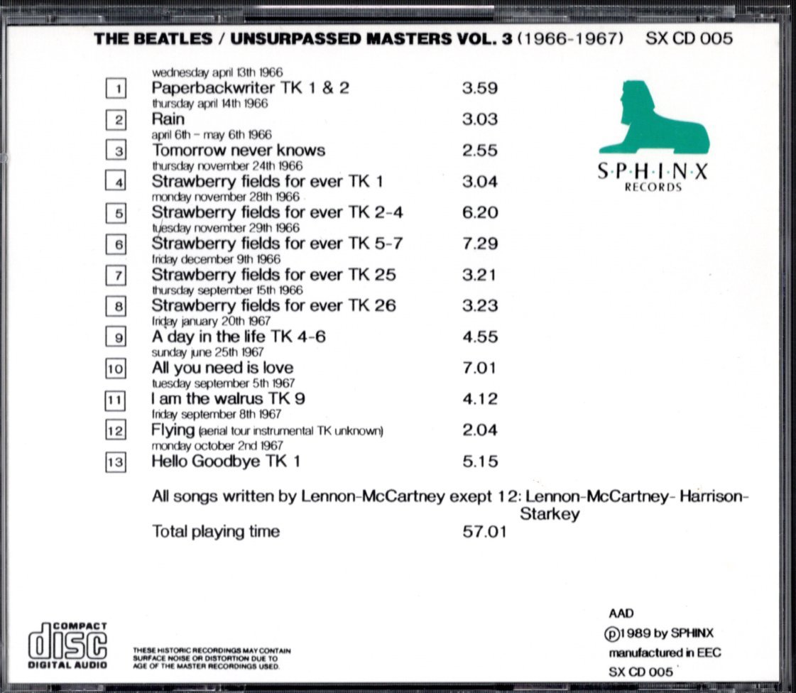 【UNSURPASSED MASTERS VOL.3（SPHINX RECORDS）1989年】Beatles ビートルズ_画像2