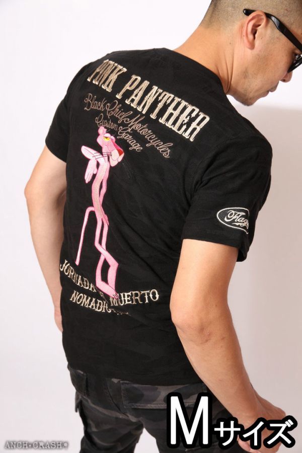 流行に  半袖 刺繍 ピンクパンサー STAFF FLAG Tシャツ PANTHER PINK フラッグスタッフ ブラックカモ【Mサイズ】412081 文字、ロゴ