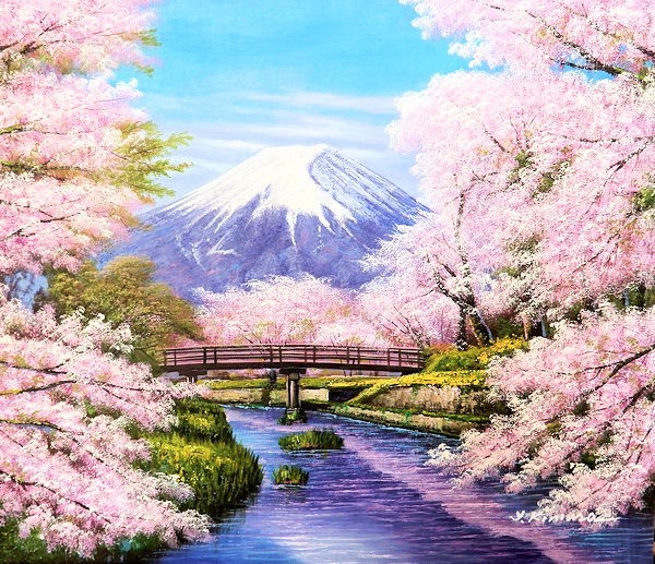 木村由記夫『忍野富士に桜（F10号）』油彩画 油絵 桜 観光名所 春 真作 ホテル 旅館 病院 クリニック 待合室 事務所 会議室 応接間 B6048_画像2