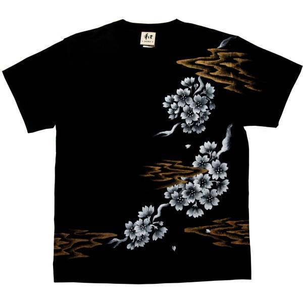 メンズ Tシャツ XLサイズ 黒 和柄 桜柄Tシャツ ブラック ハンドメイド 手描きTシャツ 春