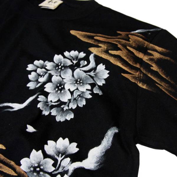 メンズ Tシャツ XLサイズ 黒 和柄 桜柄Tシャツ ブラック ハンドメイド 手描きTシャツ 春