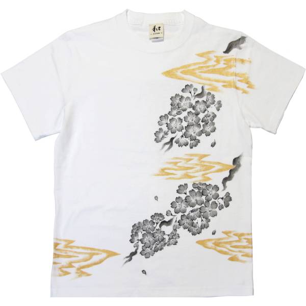 メンズ Tシャツ Sサイズ 白 和柄 桜柄Tシャツ ホワイト ハンドメイド 手描きTシャツ 春　夏