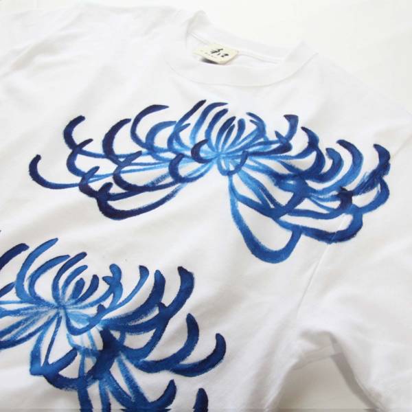 メンズ Tシャツ XLサイズ 白 菊柄Tシャツ ホワイト ハンドメイド 手描きTシャツ 和柄