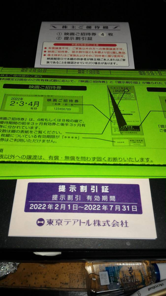 過去にトラブル一度も無しで安心！東京テアトル 株主優待 映画招待券４枚+提示割引証１枚　男性名義_画像1