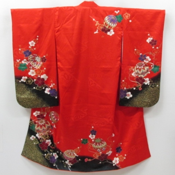 * кимоно 10* 1 иен шелк ребенок кимоно "Семь, пять, три" для девочки 7 лет для . ветка слива олень. . нижняя рубашка комплект . длина 132cm.57cm [ включение в покупку возможно ] ***