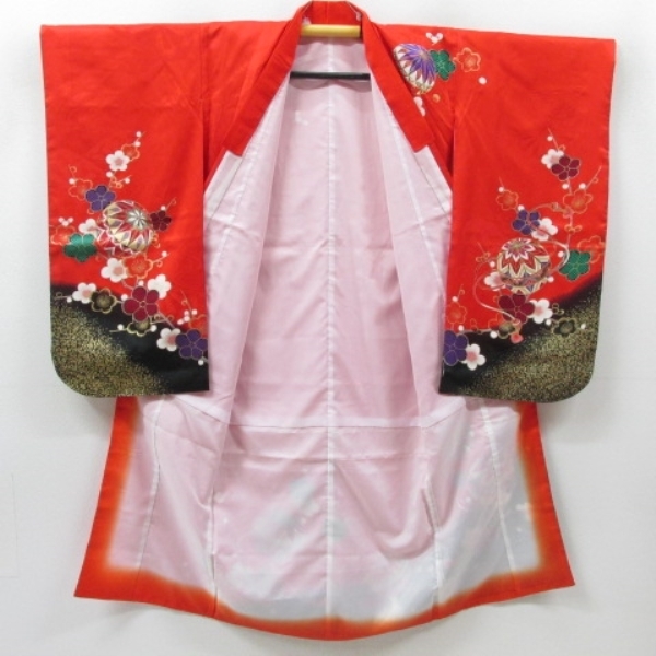 * кимоно 10* 1 иен шелк ребенок кимоно "Семь, пять, три" для девочки 7 лет для . ветка слива олень. . нижняя рубашка комплект . длина 132cm.57cm [ включение в покупку возможно ] ***