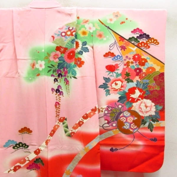 * кимоно 10* 1 иен шелк ребенок кимоно "Семь, пять, три" для девочки Junior для 7 лет для золотая краска ... черепаха . нижняя рубашка комплект . длина 121cm.54.5cm [ включение в покупку возможно ] ***