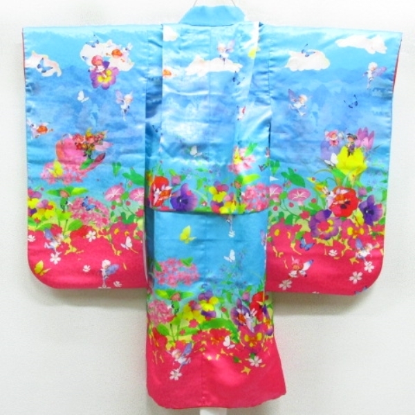  kimono 10 excellent article!!.. child kimono The Seven-Five-Three Festival for girl Mai butterfly cat pansy fantasy!. Fairy of Flower!. cloth set . length 80cm.39.5cm *5