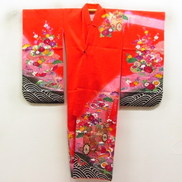  kimono 10 silk child kimono The Seven-Five-Three Festival for girl Junior for 7 -years old for gold paint . crane . place car Mai butterfly pine bamboo plum . underskirt set . length 131cm.55.5cm ***