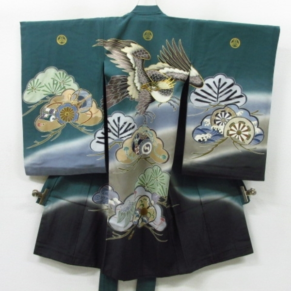 * kimono 10* 1 jpy silk child kimono production put on for boy gold piece embroidery hawk . pine army distribution ... underskirt set . length 98cm.46.5cm [ including in a package possible ] ***